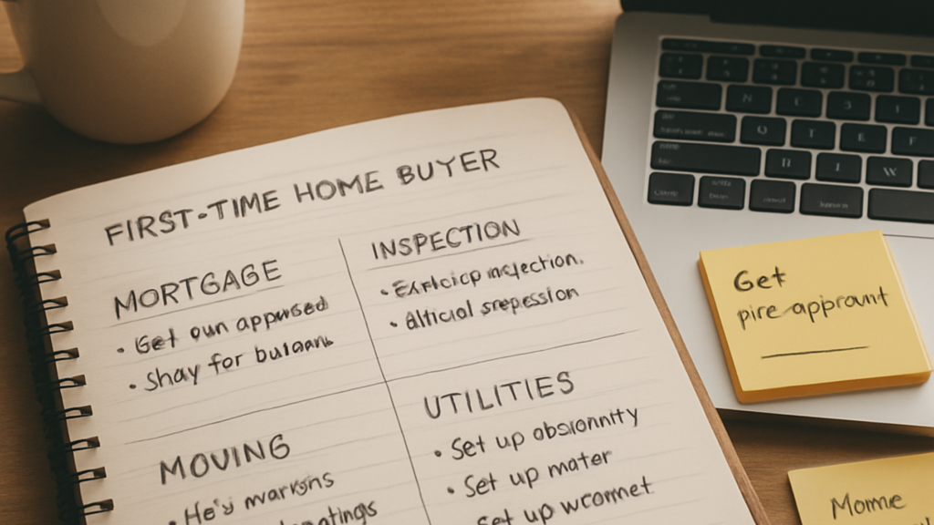 Fist Time Homeowner Planner open on a desk showing organised notes for home buying steps, moving checklist, budgeting, and utility setup for first time buyers managing a new home purchase
