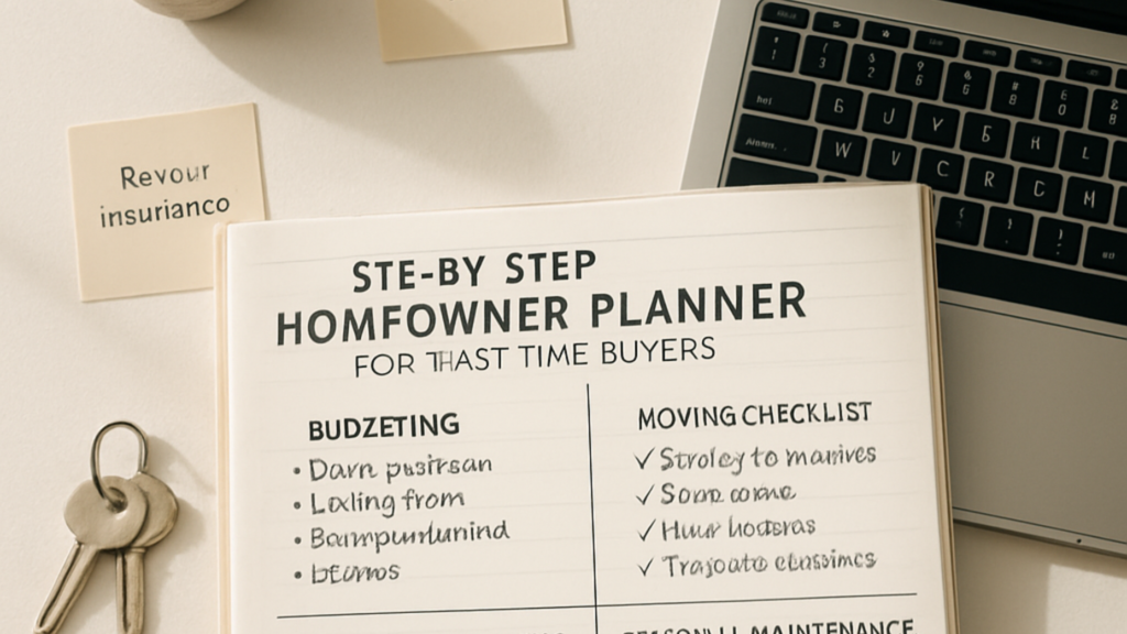 Step by Step Homeowner Planner open on desk showing budget tracking moving checklist renovation planning and home maintenance tasks for first time buyers