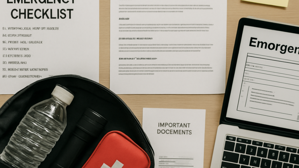 Emergency preparedness planning setup showing FEMA style checklist, emergency kits, evacuation plan documents, and home safety planning tools for disasters and crises