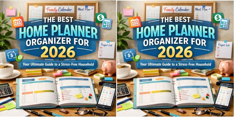 A modern home planner organizer for 2026 showing digital and printable tools for scheduling, budgeting, meal planning, and household management.