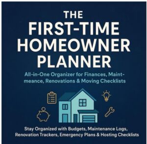 First-Time Homeowner Planner cover showing budget, maintenance, renovation, and moving checklist icons