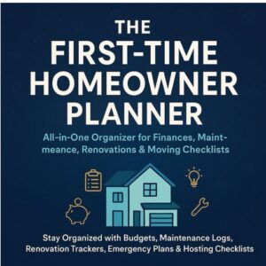 First-Time Homeowner Planner cover showing budget, maintenance, renovation, and moving checklist icons