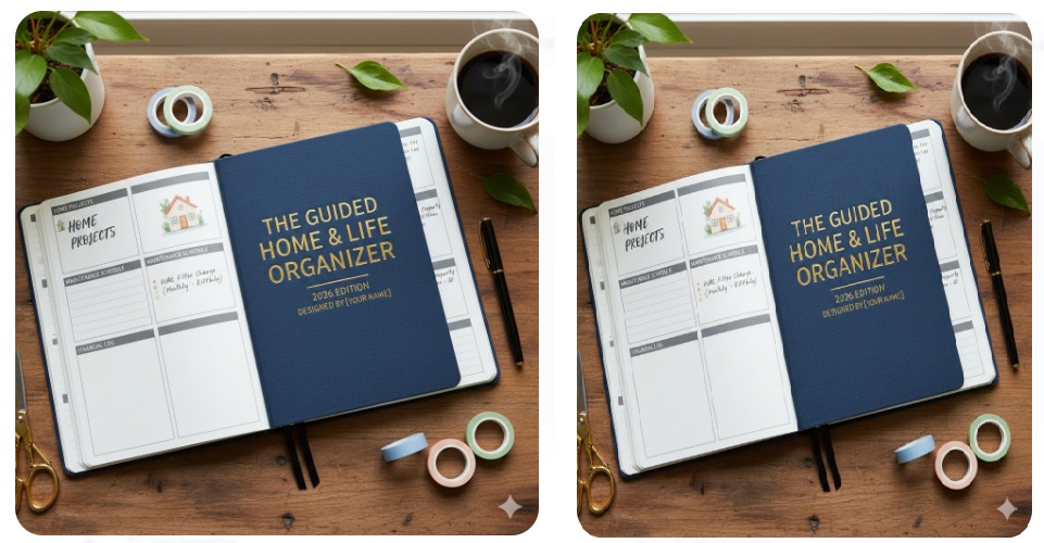 The Guided Home & Life Organizer for 2026 showing custom maintenance schedules and home project layouts on a wooden desk.