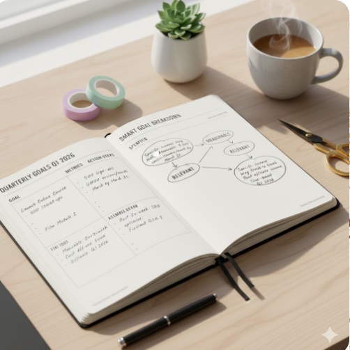 Busy woman organizing home with guided planner