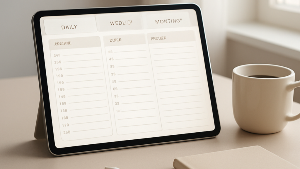 ipad showing a digital planner with daily weekly and monthly pages on a clean minimal workspace