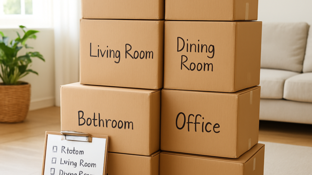 Packing and moving checklist with labeled boxes room by room
