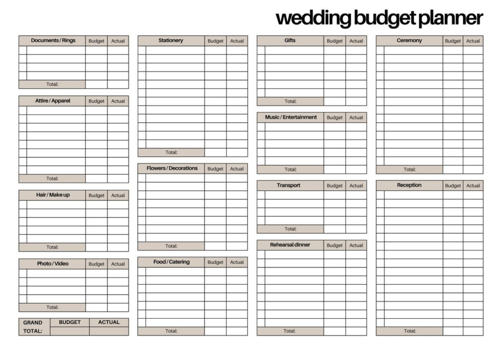 Wedding planner book showing structured sections like budget tracker, checklist, and timeline