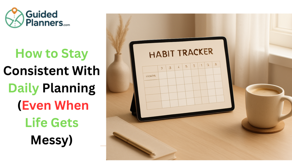 A cozy workspace with a digital planner open on a tablet next to a cup of coffee, featuring habit tracker pages and a minimalist productivity setup in warm morning light.