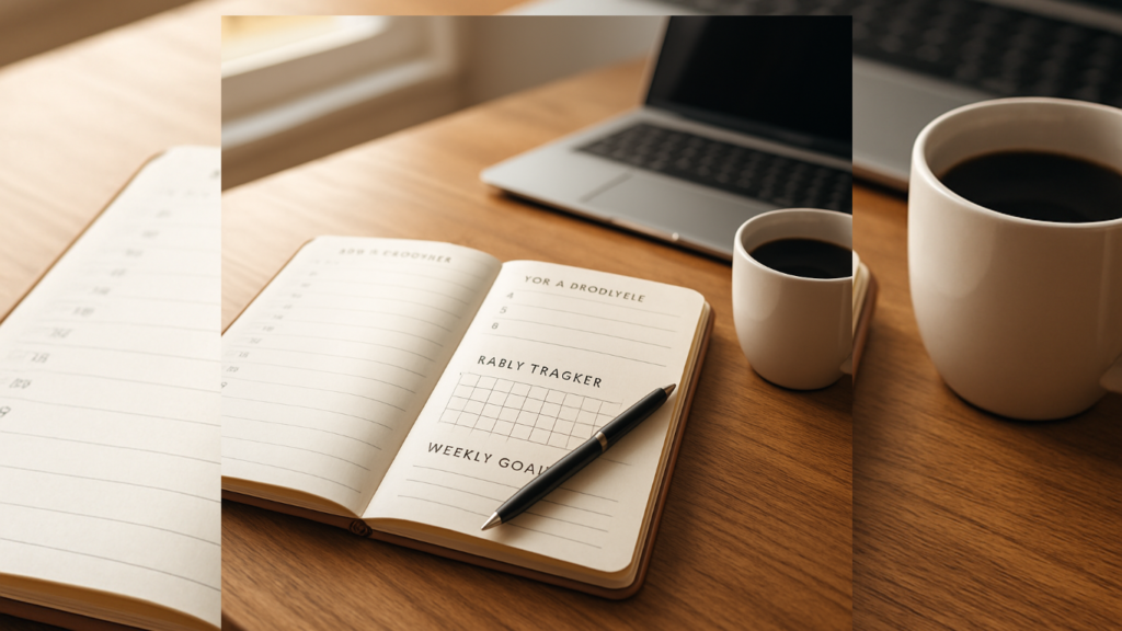
Open daily planner on a desk showing priorities, habit tracker, and weekly planning system that helps people stay organized and productive.
