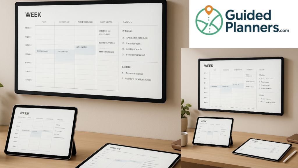Best digital planner device setup with iPad, tablet, and smart calendar display showing a digital planner calendar in a modern workspace