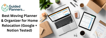 Digital moving planner with relocation checklist, packing tracker, moving budget, and home organization tools displayed on a laptop and tablet.
