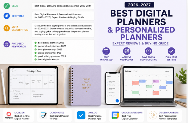 Best Digital Planners and Personalized Planners for 2026–2027 comparison infographic featuring Morgen, GoodNotes, Any.do, Google Calendar, and Guided Planners.